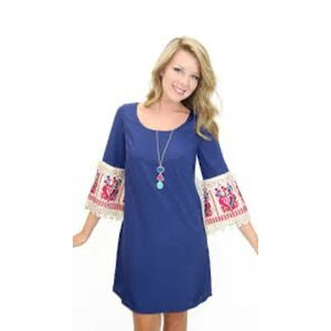 Judith March Blue Long Sleeve Dress with Embroidered Sleeves M Boho Hippie Bell